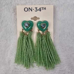 On 34th Earrings Green Heart Tassel Mixed Beaded Rhinestone Fringed Tower